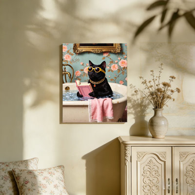 Black Cat Bath Reading, Built-In Back Wood Frame, Wall Art, 36L X 24W