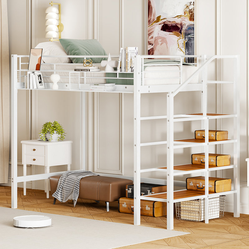 Lit mezzanine en métal avec tablette supérieure et échelle de rangement latérale Orenda, Lit simple, Blanc