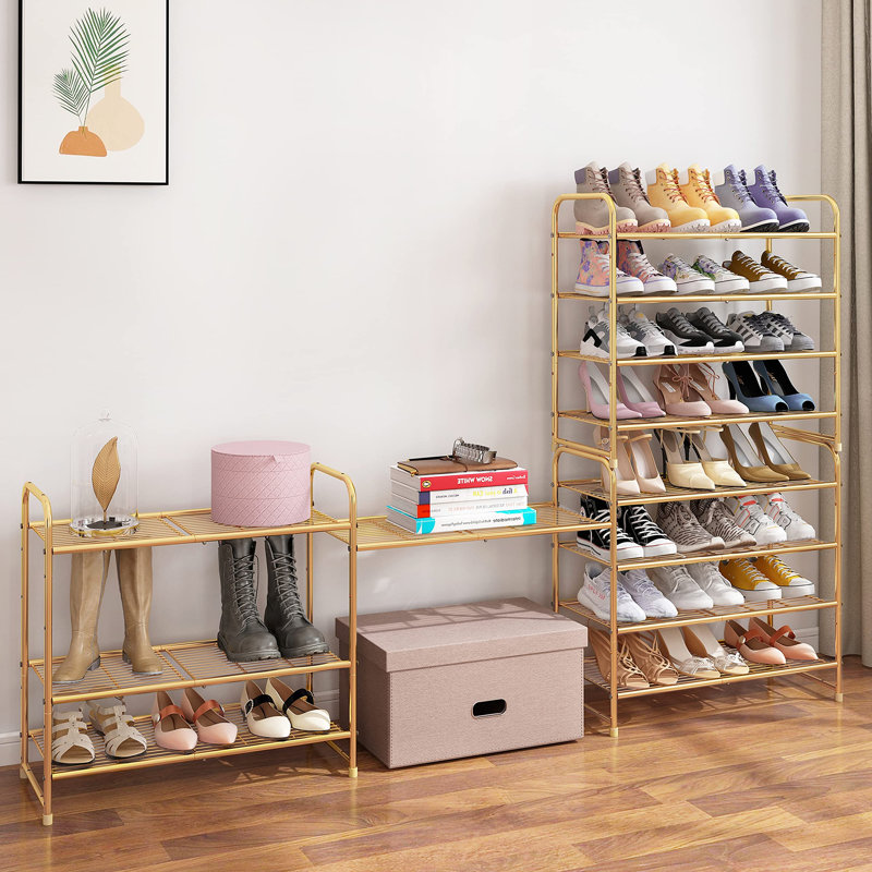 4 Tier Stackable Shoe Rack, Metal Wire Grid, Shoe Organizer Storage Shelf, Gold
