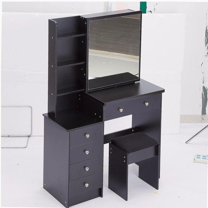 37" Middle Size Left Bedside Cabinet Vanity Table + Cushioned Stool, Extra Large Right sliding mirror, Multi Layer High Capacity Storage, Practical Fashionable Dresser, Suitable For Large Space