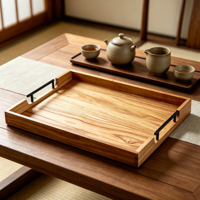 Large Acacia Wood Serving Tray With Metal Handles, Rectangular Ottoman Tray For Coffee Table, Living Room, Kitchen And Entertaining