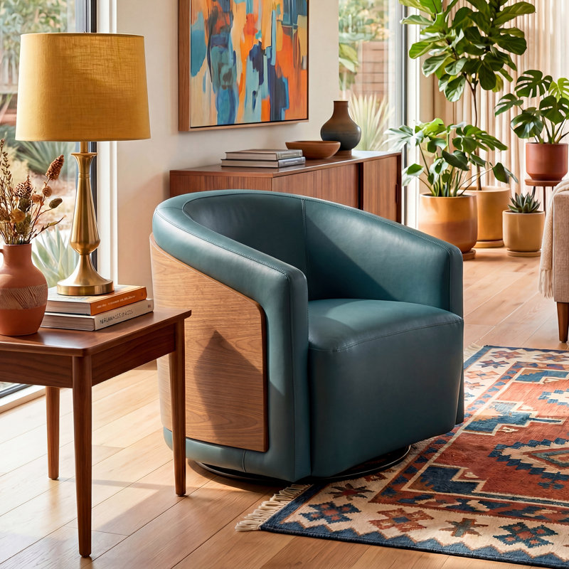 Delwood Faux Leather Modern & Comfort Swivel Barrel Chair, Blue