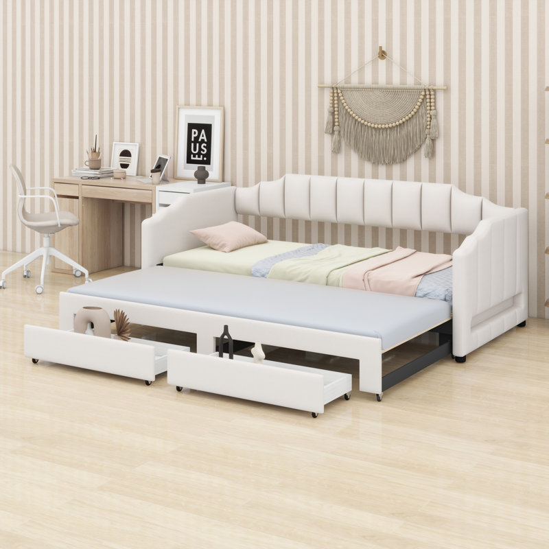 Extendable Upholstered Daybed With Storage Drawers And LED Light, Beige