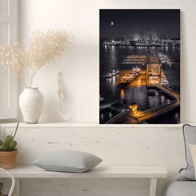 «Cargo Ship and Port Cranes at Industrial Harbor at Night», art mural sur toile