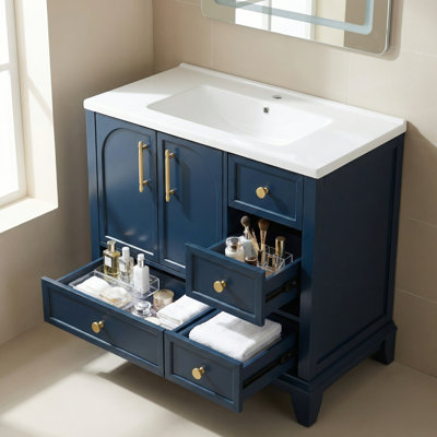 Meuble-lavabo autoportant de style médiéval de 35,6 po avec rangement peint bleu