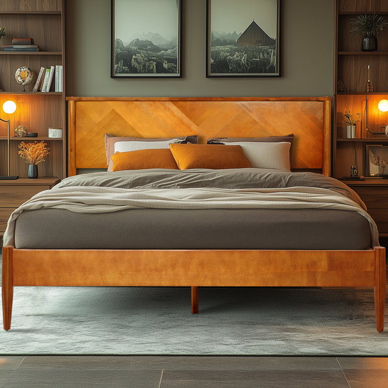 Kalleen Solid Wood Bed Frame with Artistic Patterned Headboard, Caramel, King