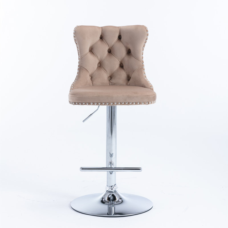 Swivel Velvet Barstools with Adjusatble Seat Height, Khaki, Silver