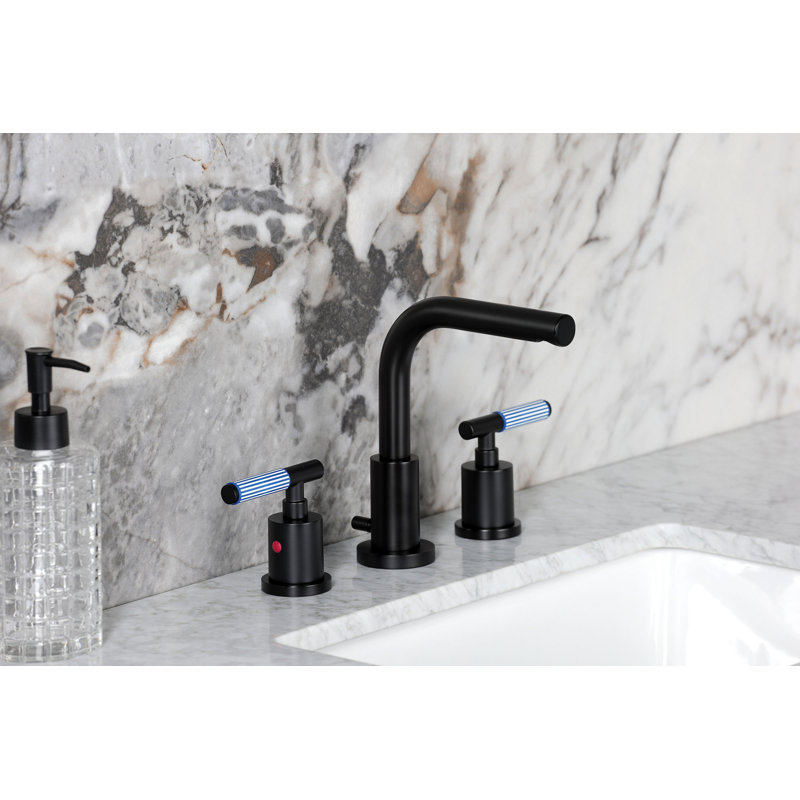 Kingston Brass Synchronous Two-Handle 3-Hole Deck Mount Widespread Bathroom Faucet with Brass Pop-Up Drain, Matte Black