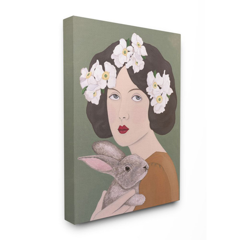 « femme et lapin blanc fleur animal » par catherine b-reproduction d’art, H 30 po x l 24 po x P 1,5 po, Toile tendue