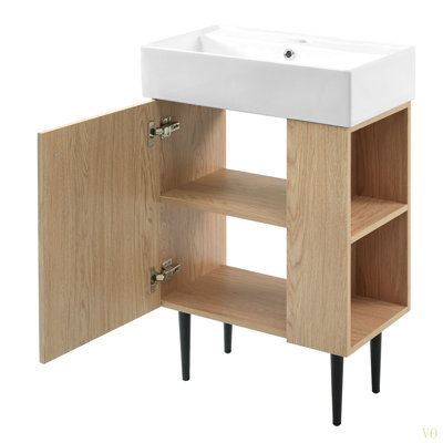 21.6" Wood Bathroom Vanity, Combo Cabinet, Bathroom Storage Cabinet, Single Ceramic Sink, Right Side Storage