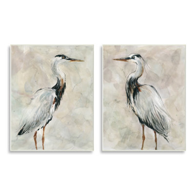 Abstract Watercolor Great Heron Birds Expressive Tan Feathers - 2 Piece Print Set