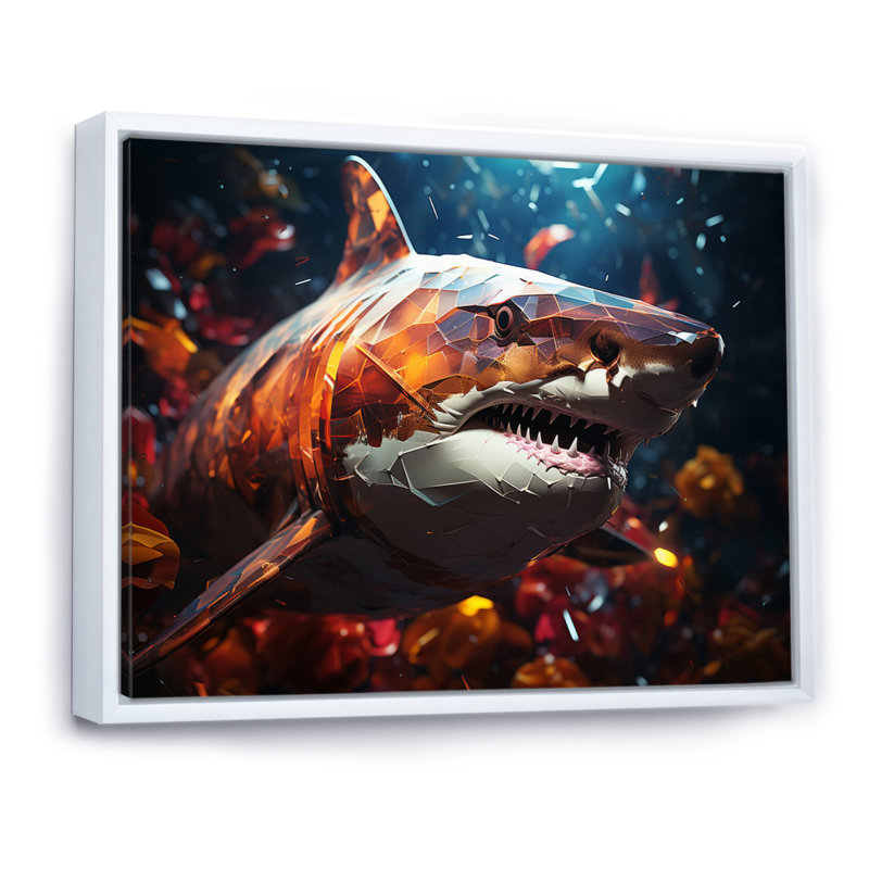 " Blue Shark Predators Glare Geometric I ", 24" H x 32" W x 1" D, White Floater Framed