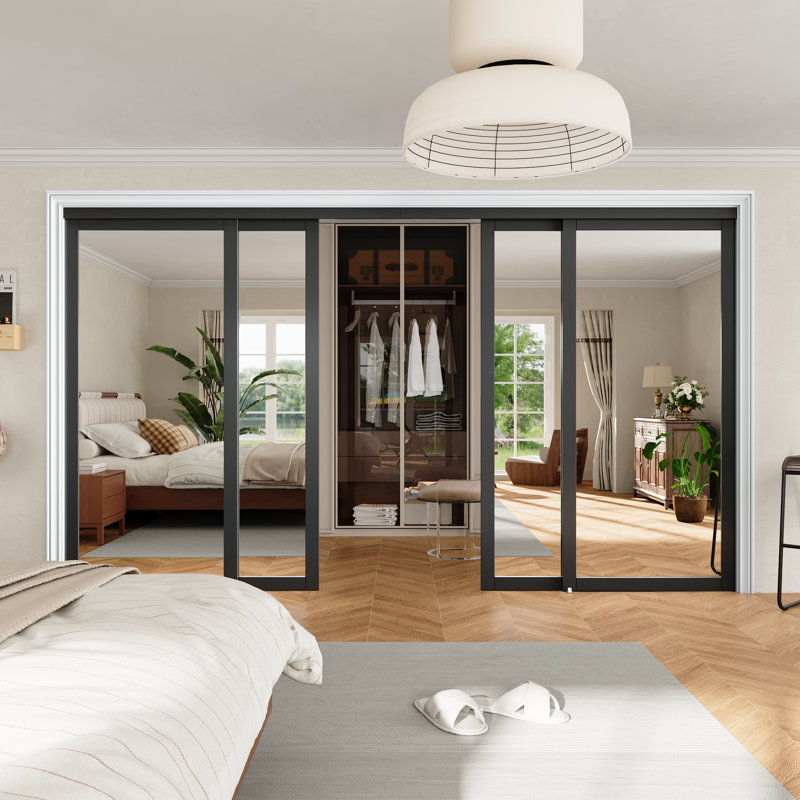 144 po x 80 po Porte de garde-robe coulissante double en verre noir avec miroir et ensemble de quincaillerie noir, Noir