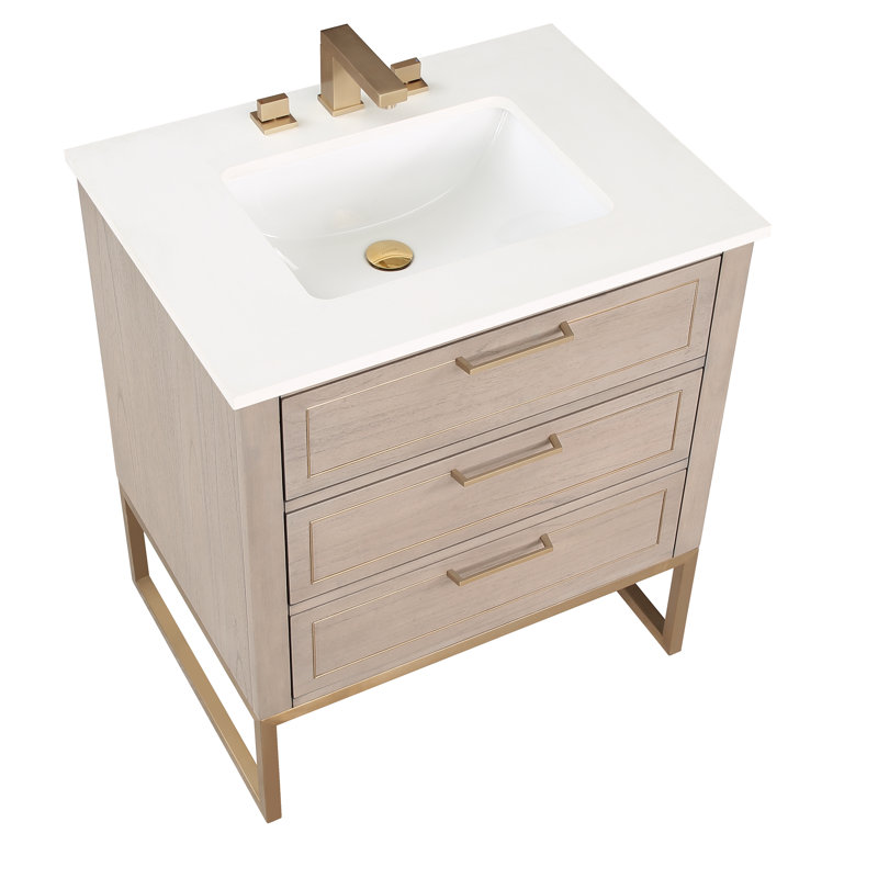 Markham 30'' W Single Vanity, Cashmere Gray, Satin Brass, White Quartz