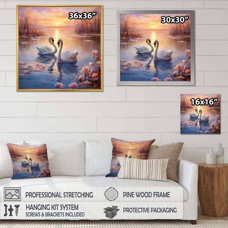 Deux cygnes blancs, coucher de soleil romantique I, Cadre flottant blanc, H 36 po x l 36 po