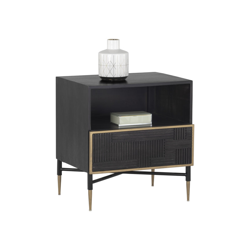 Dark Brown Mango Wood Nightstand with Brass Accents