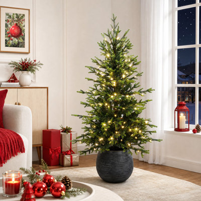 Sapin de Noël artificiel réaliste en épinette verte de 1,5 m, préilluminé avec 200 lumières DEL blanc chaud et un pot décoratif gris.