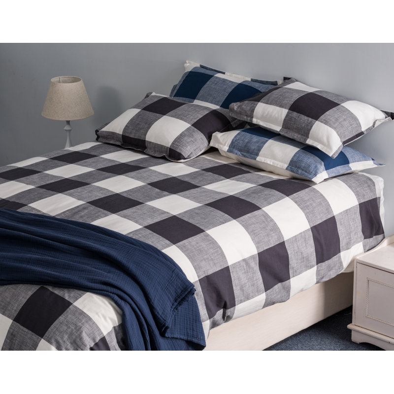 Dealba Cotton Buffalo Check Duvet Cover Set, Yarn Dyed, King Duvet Cover + 2 Shams, Gray