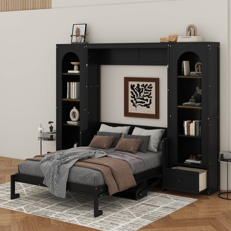 Queen Size Murphy Platform Bed With Shelf, Side Cabinets, Drawers And LED, Black