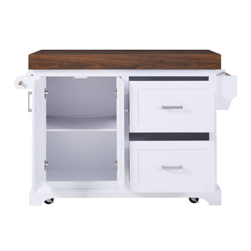 Large Kitchen Island with 3.5" Thick Desktop, Spice and Towel Racks, Rolling Kitchen Island with Storage on 5 Wheels, 2 Extra-large Drawers, for Home, Kitchen, Dining Room
