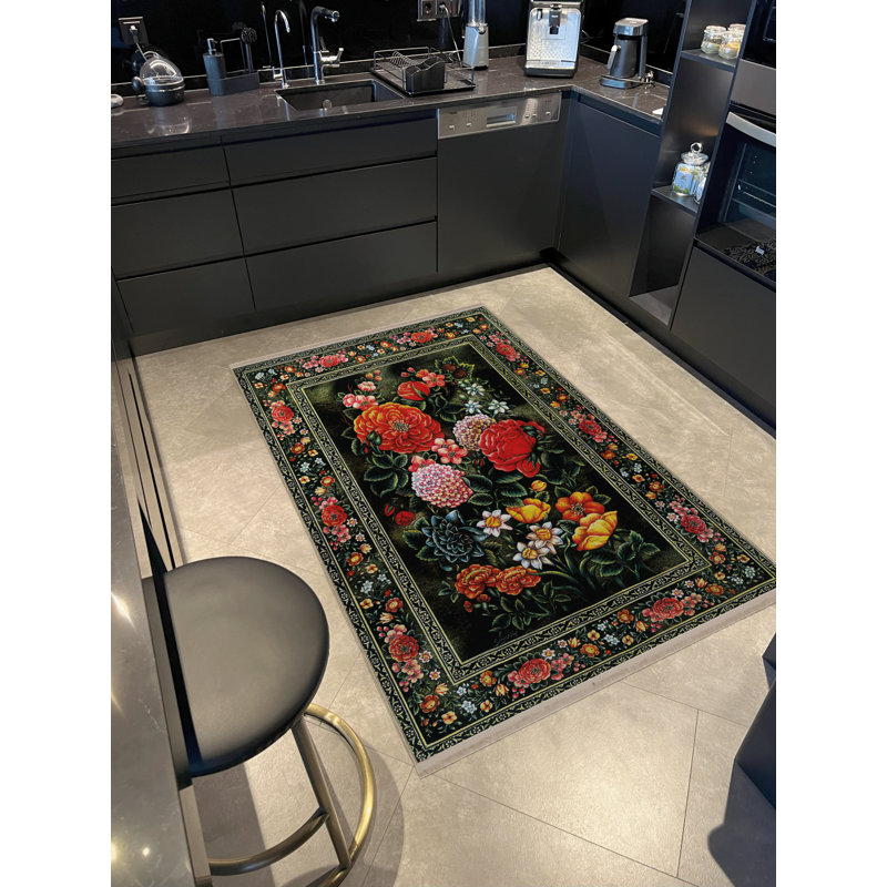 Tapis décoratif frangé multicolore à motif de feuilles et de roses, Tapis de couloir 3 pi 9,81 po x 6 pi 6,74 po