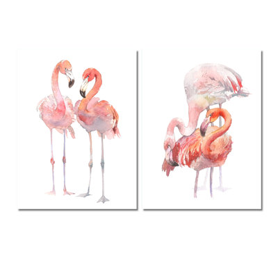 " Pink Flamingos On White II " 2 - Pieces