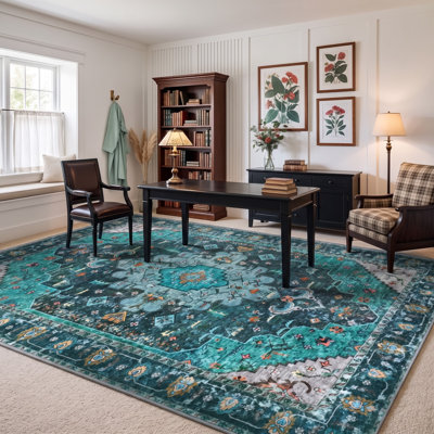Tapis oriental persan vert à poils courts, lavable à la machine, résistant au passage, antitache, antidérapant et ne peluche pas, idéal pour le salon, la salle à manger et la chambre.