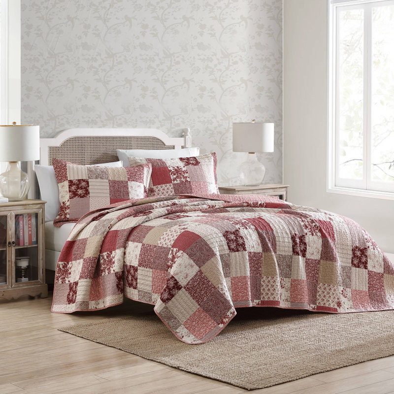 Ensemble de courtepointe réversible en coton Laura Ashley Celina, Lit simple, Canneberge