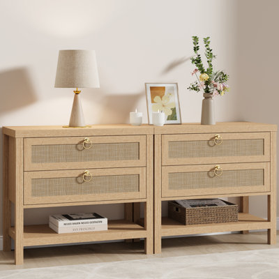 Boho Large Rattan Nightstands With 2 Drawers & 1 Shelf 