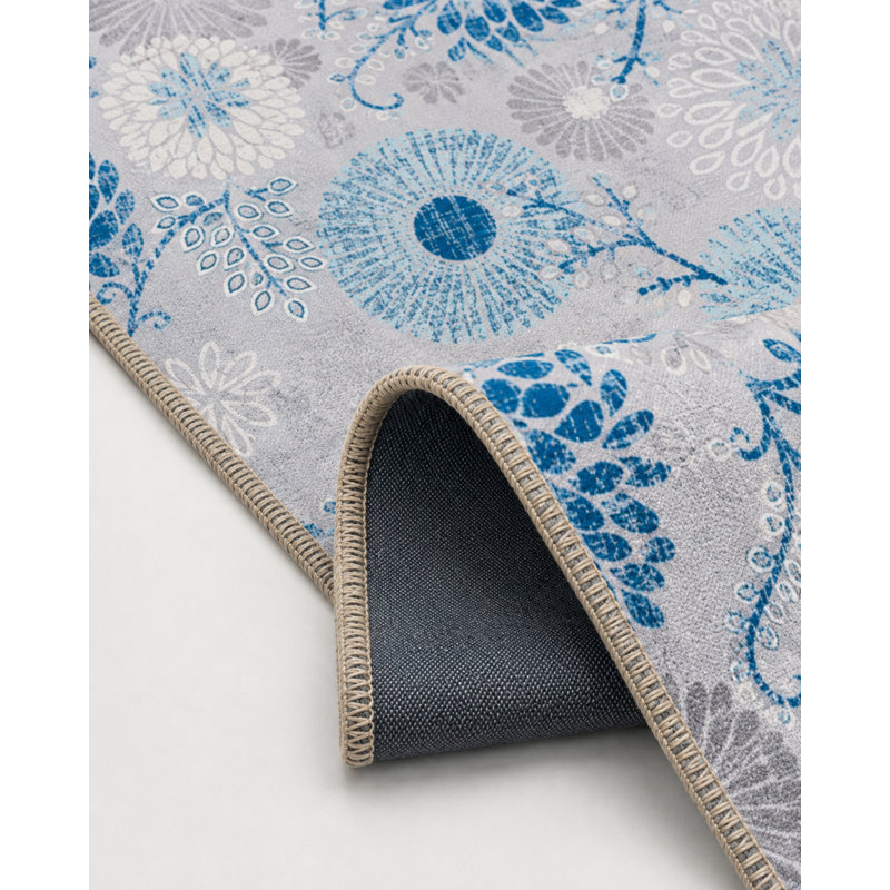 Tapis bleu lavé tissé coloré flocon de neige, Rectangulaire 8 pi x 10 pi