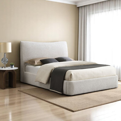 Renne Aperol Beige Chenille Queen Bed, No Tool Required Assembly, Fully Ulpholstered, Curved Headboard