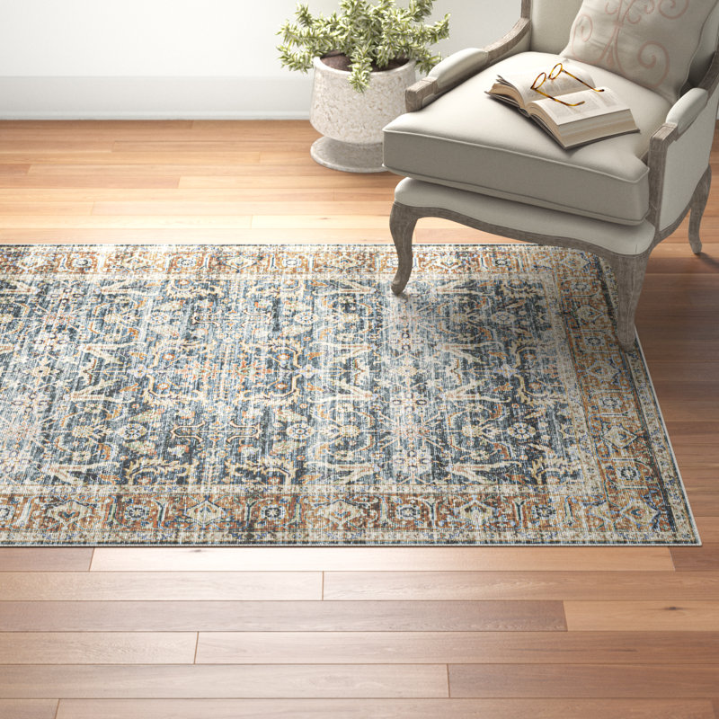 Lake Macquarie Machine Washable Performance Non-Skid Blue/Rust Rug Mat, Rectangle 5' x 7'