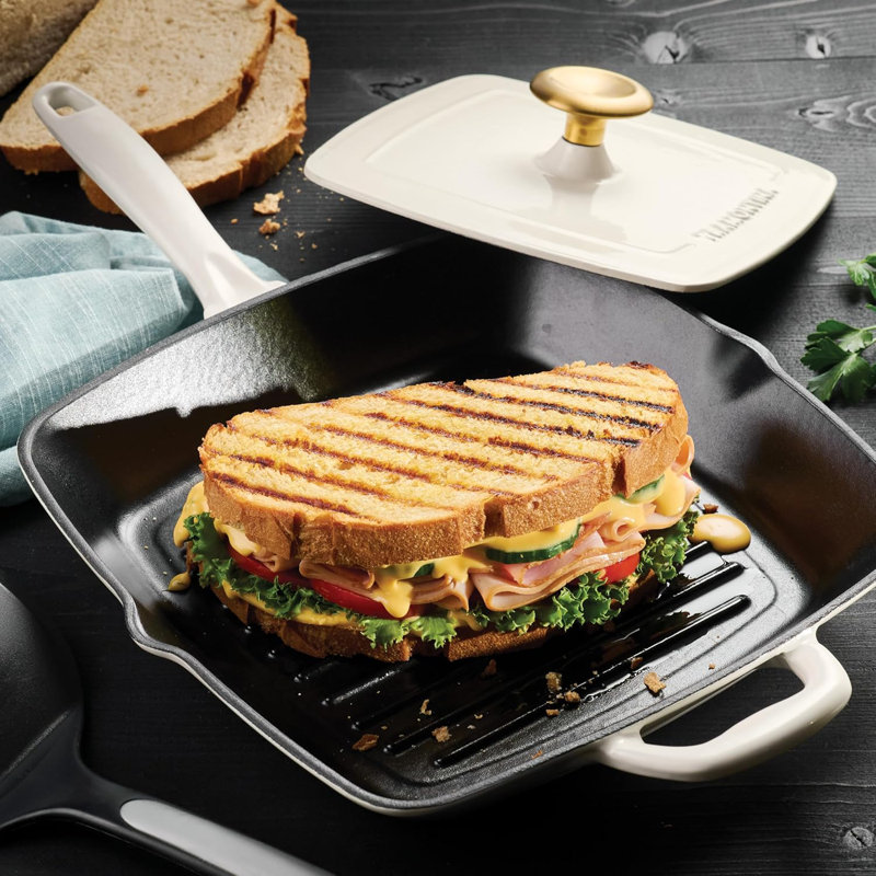 11-Inch Latte Cast Iron Grill Pan with Gold Knob Press