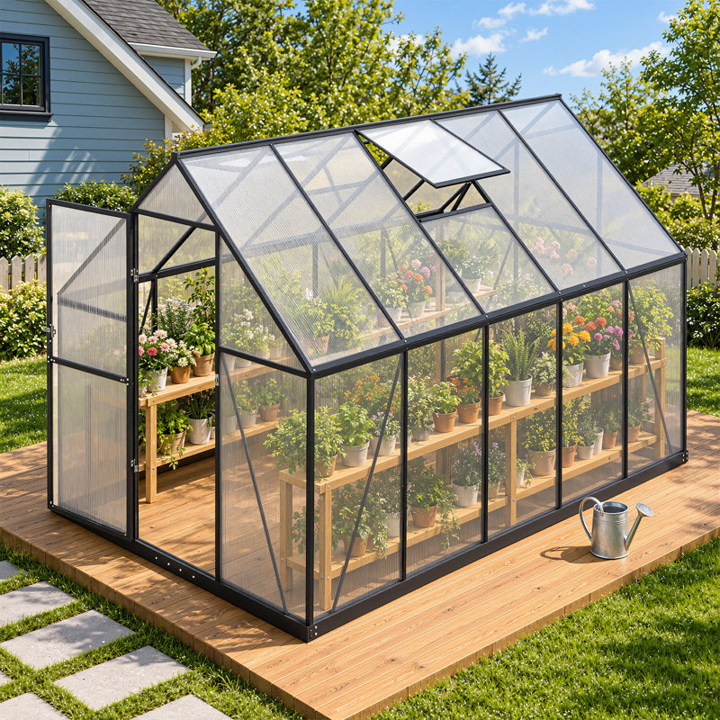 Serre de jardin en aluminium et polycarbonate de 1,8 m de large x 3 m de profondeur, avec 2 aérations de toit réglables et structure noire, idéale pour l'extérieur.