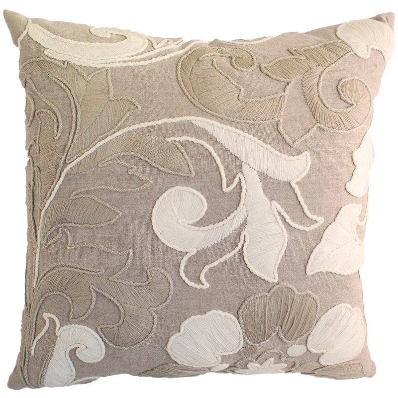 Floral Hand Embroidered Feather Down Fill Pillow Cover & Insert, Square 20"H x 20"W