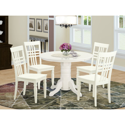 5 Piece Dining Room Table Set Includes a Round Wooden Table with Pedestal and 4 Kitchen Dining Chairs, Linen White