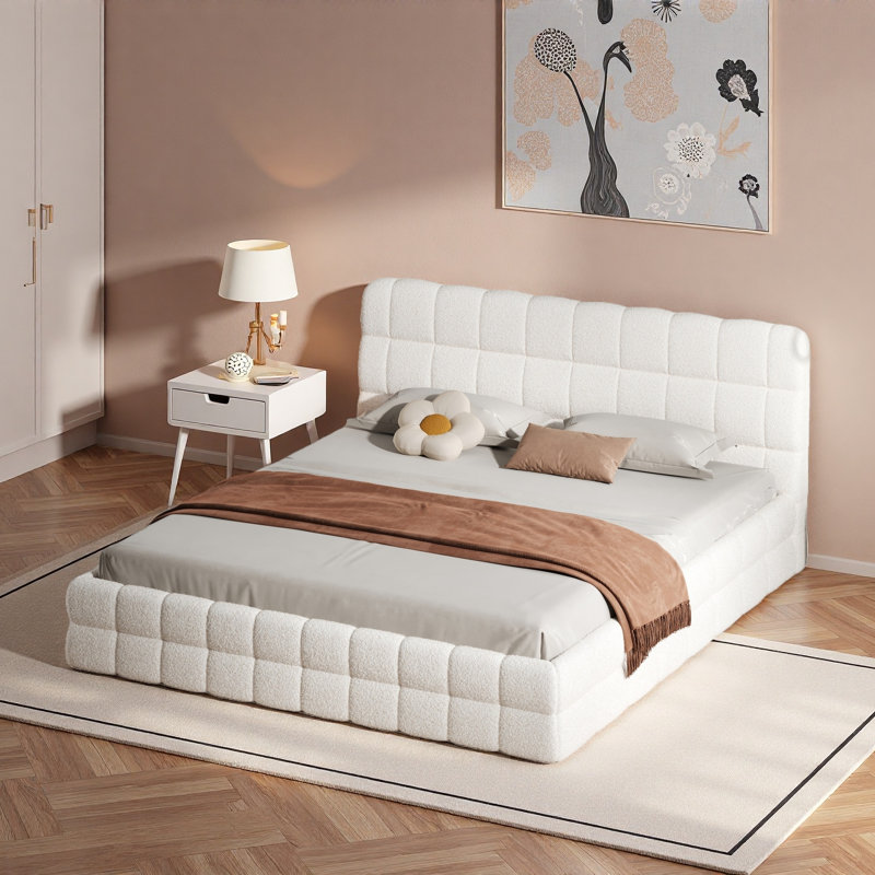 Élégant lit plateforme tapissier avec coutures et soutien solide, Blanc