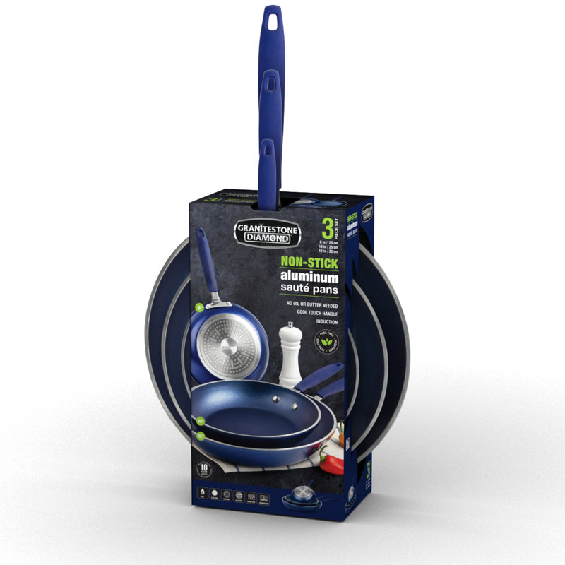Ensemble de poêles à frire Granitestone Blue, 3 poêles à frire antiadhésives, poêles à frire antiadhésives minérales et losanges de 8 po, 10 po et 12 po, poêle à omelette, batterie de cuisine, sans PFOA, va au lave-vaisselle, poignée froide au