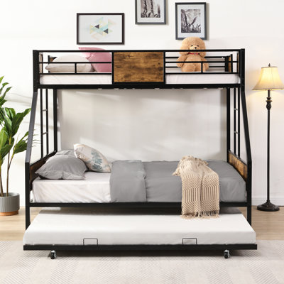 Lit superposé simple au-dessus d'un lit double en métal avec lit gigogne, échelle latérale, garde-corps et grand rangement sous le lit, facile à assembler