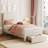 Twin Upholstered Platform Bed with Wave Headboard and Storage Drawer, Velvet White Bed Frame with Wooden Slats, No Box Spring Needed, Set of 2-1975675190