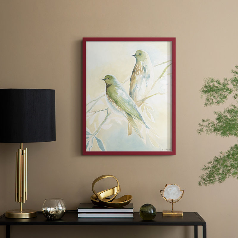 «LoveBirdsPaintingon», reproduction d'art encadrée - Bois massif, H 15 po x l 12 po, Rouge