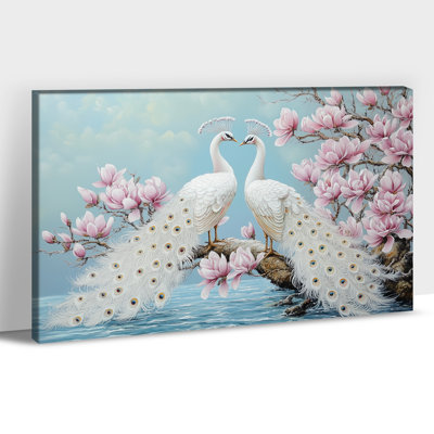 Adriah Elegant White Peacock Painting Poster Wrapped Framed Canvas Prints for Living Room Bedroom Bathroom Office Wall Decor Ready to Hang, 20×30 Inches