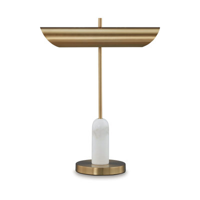 Leon 20 Inch Desk Lamp, Round Base, USB Port, Gold Metal, White Marble