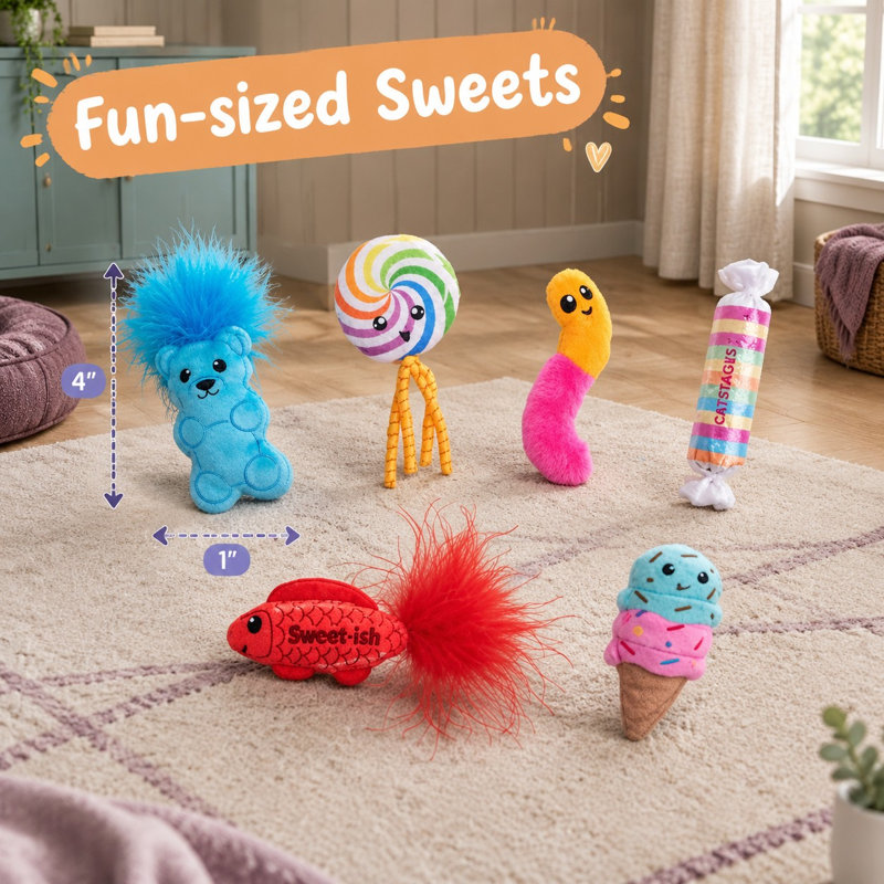 Ensemble de 6 jouets en peluche multicolores à l'herbe à chat, en forme de gâterie, avec matière crissante et plumes