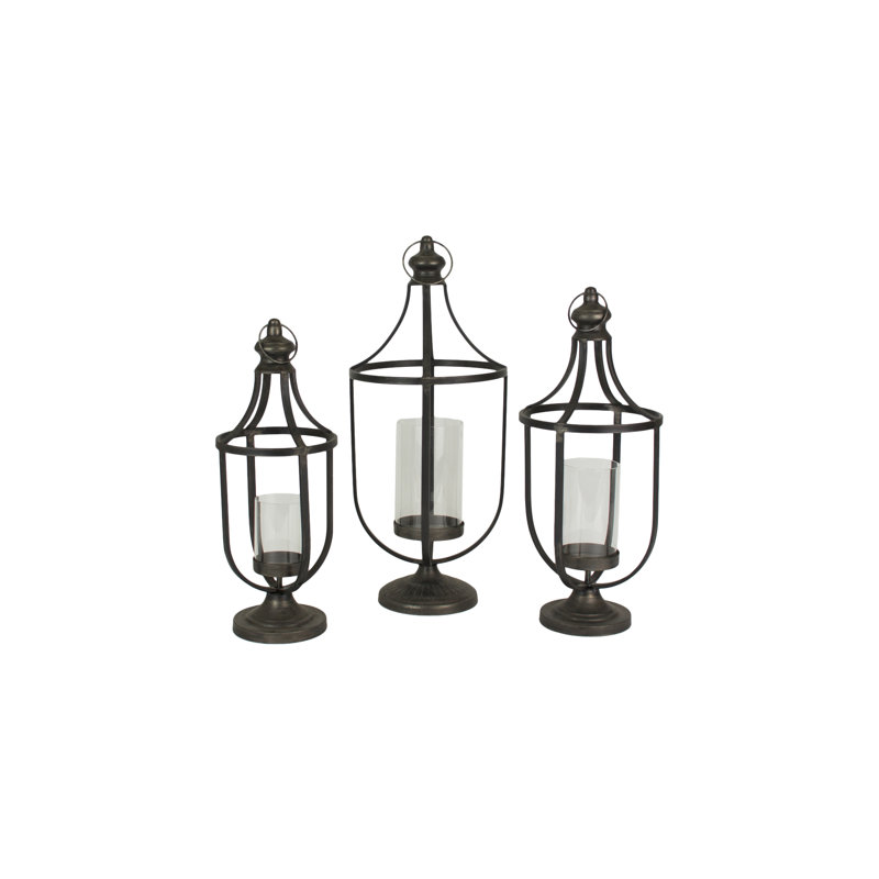  Metal Lanterns with Glass Inserts, Antique Black Finish, Traditional Decorative Candleholders, Set of 3