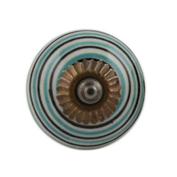 Set of 6 Striped Ceramic Knobs, Turquoise/White/Black