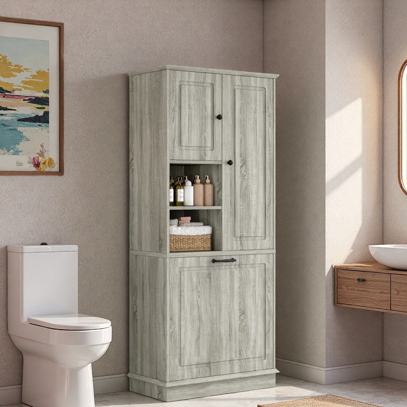 Tall Bathroom Storage Cabinet With Adjustable Shelves, Large Flip-out Basket And Enclosed Cabinets, Oak