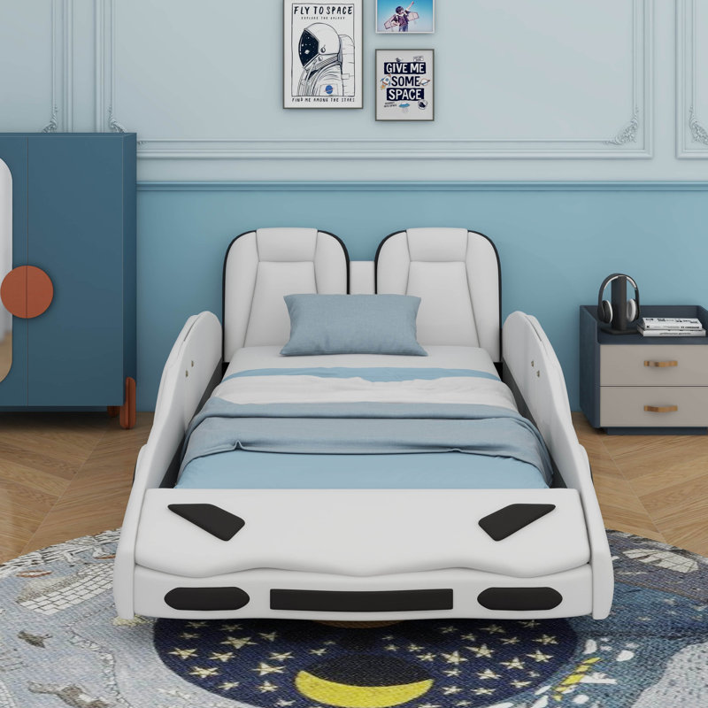 Twin Race Car-Shaped Platform Bed With Wheels, White