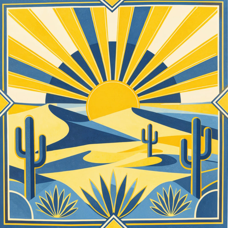 Édredon Desert Landscape Illustration, Queen, Bright Yellow and Navy Blue