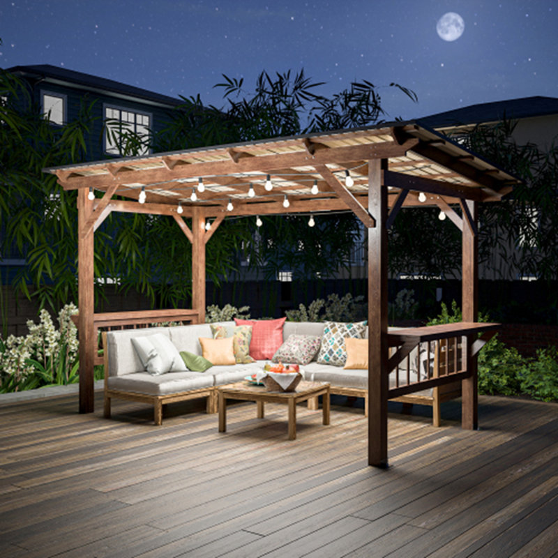 Pergola en bois pour barbecue avec éclairage intégré et bar